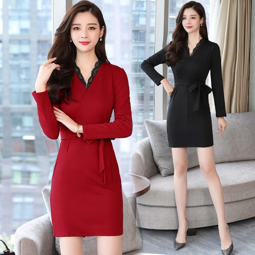 CQ-hyf221秋季新品V领长袖纯色收腰中长款女一步裙 商品图0
