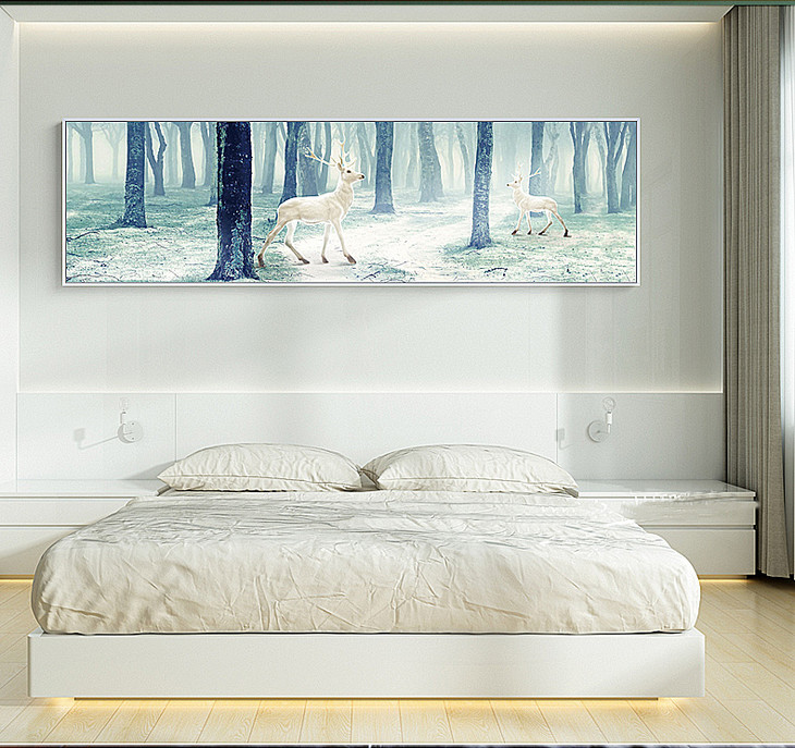 北欧麋鹿床头装饰画横幅卧室房间背景横版酒店宾馆现代简约墙画
