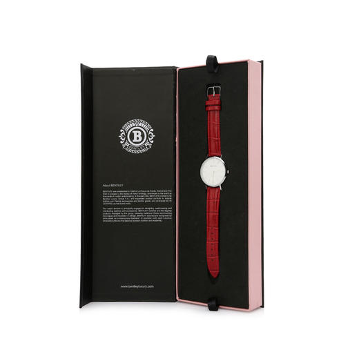 BL520-1314LWWR BENTLEY 钢色壳白面红色鳄纹牛皮表带女士腕表 商品图7