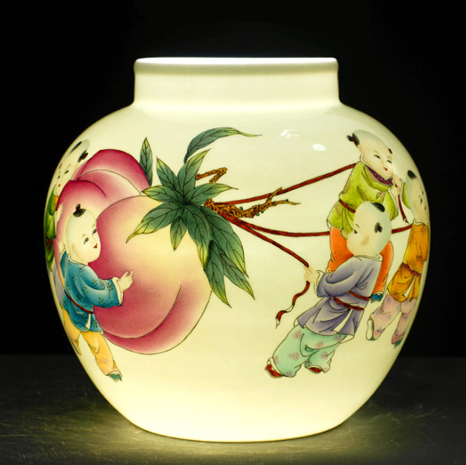 景德镇陶瓷客厅插花花瓶寿桃名家手绘复古工艺品家居创意装饰摆件