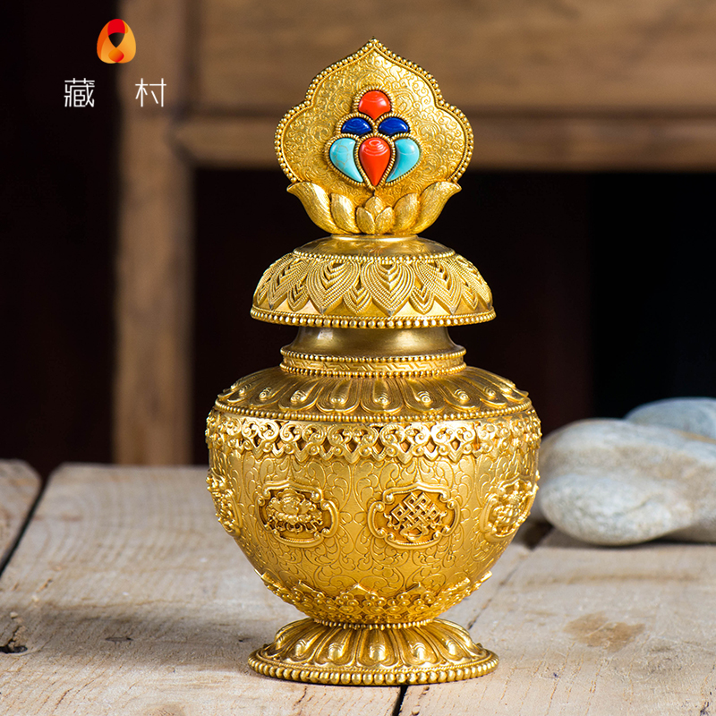 财神宝瓶藏传佛教用品密宗修行法器纯铜八吉祥雕花摩尼宝莲花宝瓶