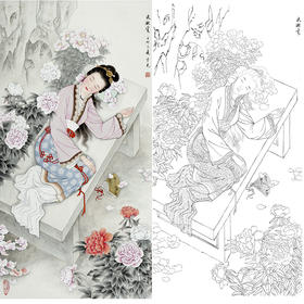 白描底稿-金陵十二钗红楼人物史湘云-JD05