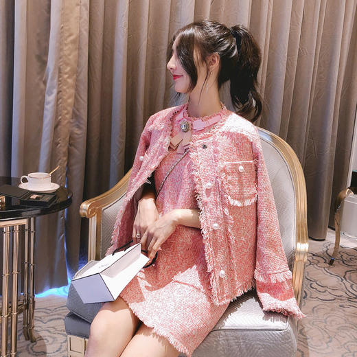 心子秋装女2018新款气质名媛粉色粗花呢套装裙网红俏皮两件套冬 商品图2