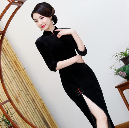 HQ9834秋冬新款修身刺绣婚宴丝绒旗袍 商品图1