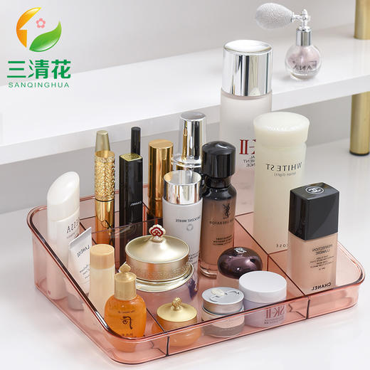 TJ-MS-三清花简易桌面化妆品收纳盒 透明塑料口红收纳架 多格首饰架TZW 商品图0