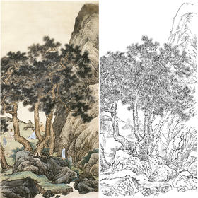 孙天牧竖幅工笔山水人物白描底稿-《松下文会》-多种白描尺寸可选-ST34