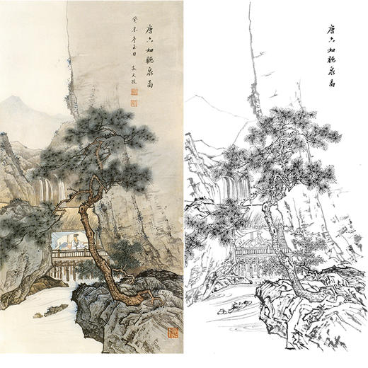 孙天牧竖幅工笔山水人物白描底稿-《仿唐寅听泉图》-多种白描尺寸可选-ST27 商品图0
