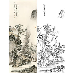 孙天牧竖幅工笔山水白描底稿-《观瀑图》-多种白描尺寸可选-ST32
