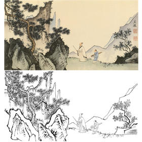 孙天牧横幅工笔山水人物白描底稿-《携琴拜松图》-多种白描尺寸可选-ST43