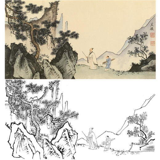 孙天牧横幅工笔山水人物白描底稿-《携琴拜松图》-多种白描尺寸可选-ST43 商品图0