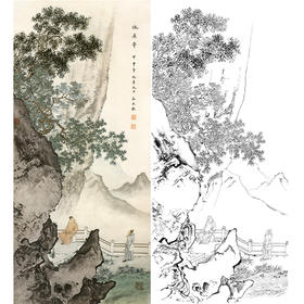 孙天牧竖幅工笔山水人物白描底稿-《联吟图》-多种白描尺寸可选-ST26