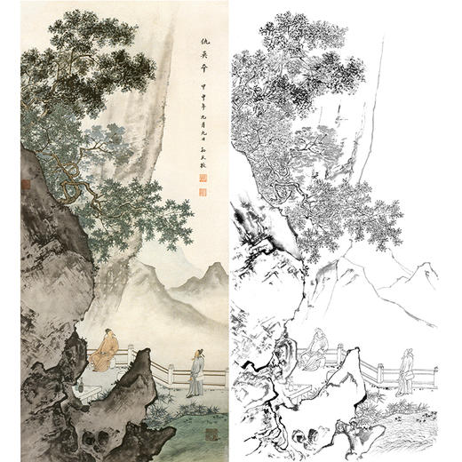孙天牧竖幅工笔山水人物白描底稿-《联吟图》-多种白描尺寸可选-ST26 商品图0