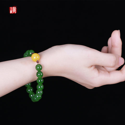 古典优雅！【碧玉扶苏】和田碧玉单圈手串，配蜜蜡石榴石，珠径9.6mm，雅致设计款 商品图2