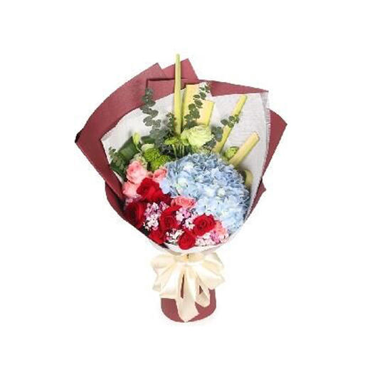 灿烂的笑---1枝绣球花，4枝粉玫瑰，7枝红玫瑰，适量乒乓菊，桔梗，尤加利，剑叶，相思梅 酒红色南韩纸单面包装，米色蝴蝶结修饰（1299） 商品图0