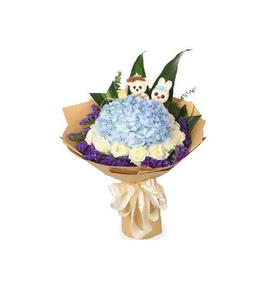 知缘惜缘--1枝绣球花外围11朵白玫瑰，外围紫色勿忘我，适量巴西叶，尤加利，剑叶，2只公仔搭配 卡其色手揉纸圆形包装，米色蝴蝶结修饰（1297）