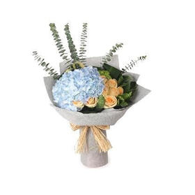 美丽风景---11枝香槟玫瑰，1枝绣球花，适量乒乓菊，巴西叶，尤加利叶，剑叶 灰色麻片韩式包装，拉菲草蝴蝶结（1298）