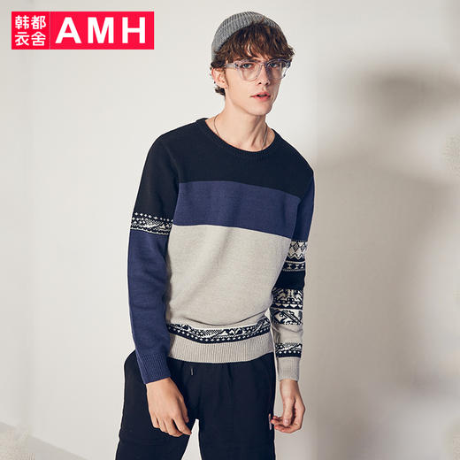 AMH男装秋装2018潮流圆领青年休闲条纹长袖针织毛衣男LL3299琳 商品图0