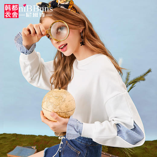 尼班诗2018新款女装假两件打底bf风女套头卫衣梵 商品图0