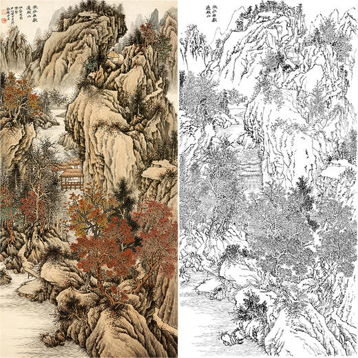 刘彦水竖幅工笔山水白描底稿《秋紅无数遍秋山》-多种白描尺寸可选-LQ73 商品图0
