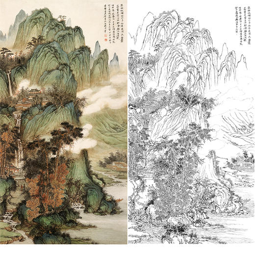 刘彦水竖幅工笔山水白描底稿《翠微依楼观飞瀑》-多种白描尺寸可选-LQ80 商品图0