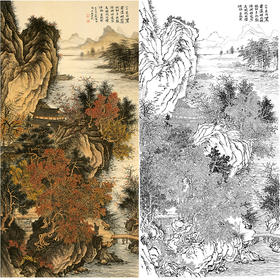 刘彦水白描底稿-竖幅工笔山水-《澄湖高阁》-多种白描尺寸可选-LQ72