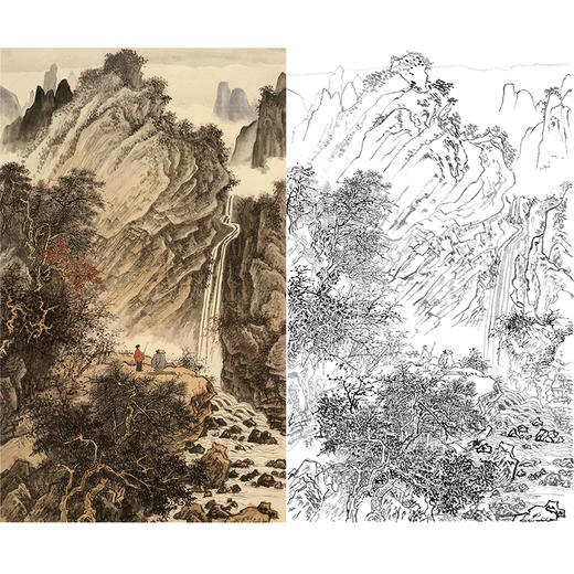 刘彦水白描底稿-竖幅工笔山水人物-《观瀑图》-多种白描尺寸可选-LQ66 商品图0