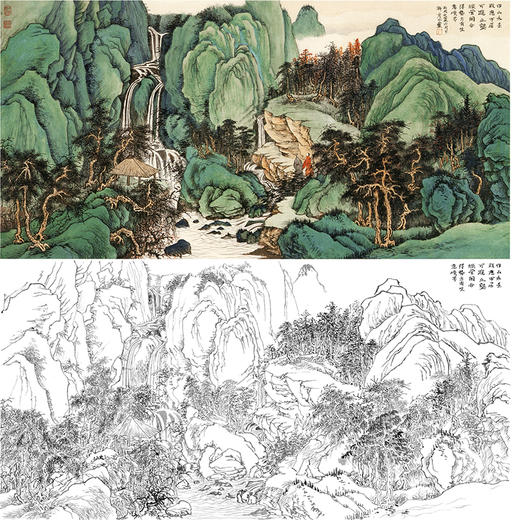 刘彦水白描底稿-大横幅工笔山水人物-《石瀑图》-多种白描尺寸可选-LQ60 商品图0