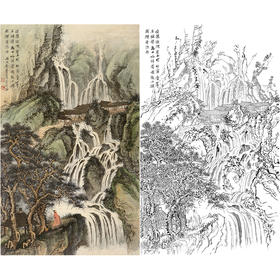刘彦水白描底稿-竖幅工笔山水-《飞瀑图》-多种白描尺寸可选-LQ67