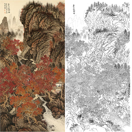 刘彦水白描底稿-竖幅工笔山水-《苍山紅树图》-多种白描尺寸可选-LQ76 商品图0