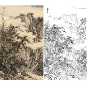 刘彦水白描底稿-竖幅工笔山水人物-《观瀑图》-多种白描尺寸可选-LQ65