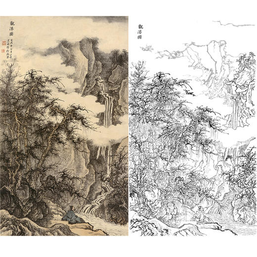 刘彦水白描底稿-竖幅工笔山水人物-《观瀑图》-多种白描尺寸可选-LQ65 商品图0
