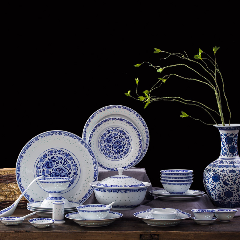 富玉景德镇青花玲珑米饭碗餐具家用中式白瓷个性瓷器