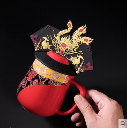 中国风咖啡杯陶瓷杯茶杯龙凤马克杯子创意皇帝皇后龙帽凤冠硅胶盖 商品图0