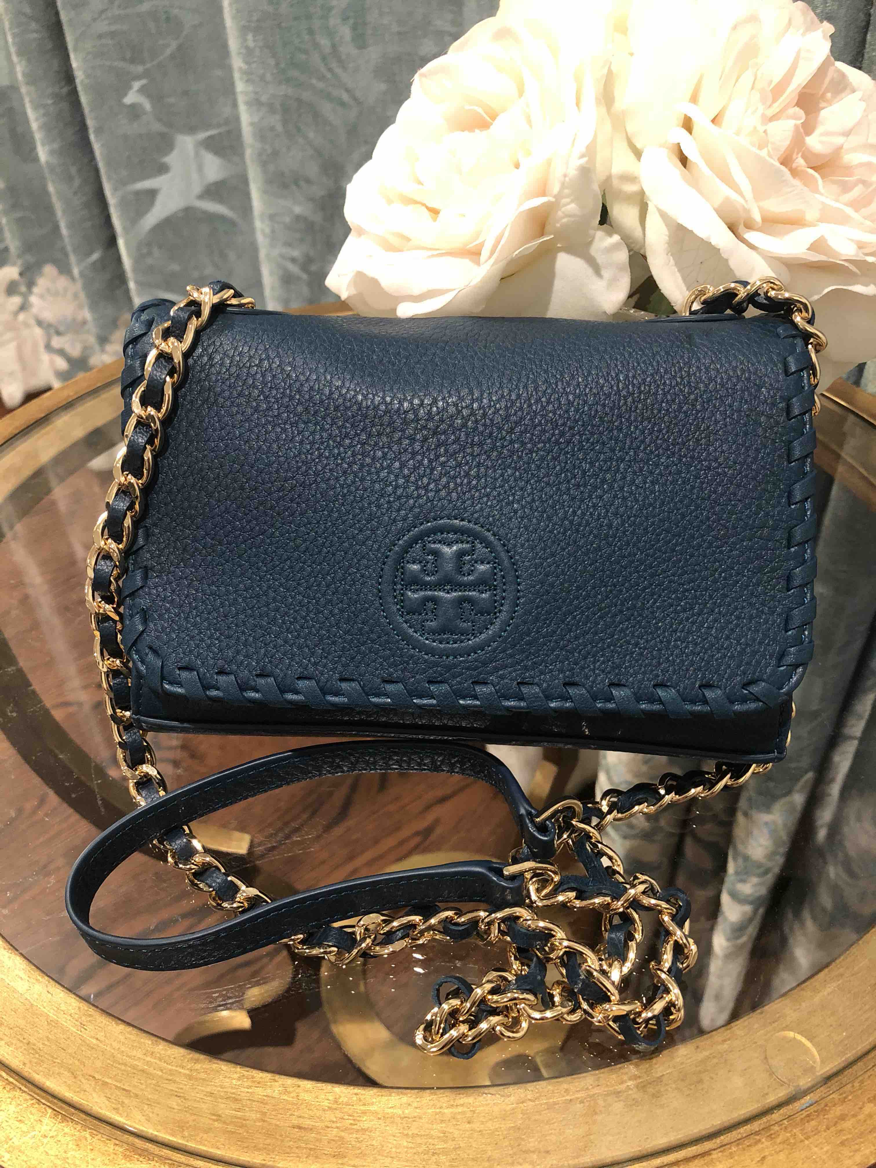 tory burch/tb 编织装饰 翻盖 全皮 小斜挎链条包