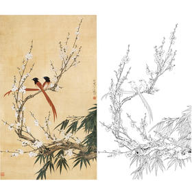 于非闇竖幅工笔花鸟白描底稿-梅花梅竹绶带《绶带双清》-多种白描尺寸可选-YF13