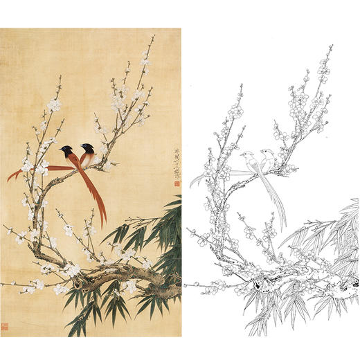 于非闇竖幅工笔花鸟白描底稿-梅花梅竹绶带《绶带双清》-多种白描尺寸可选-YF13 商品图0
