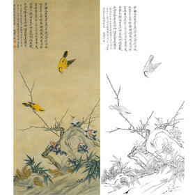 于非闇竖幅工笔花鸟白描底稿-黄鹂蜻蜓-YF09