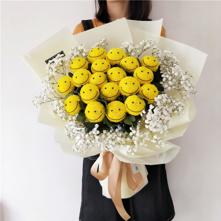 ins温暖可爱表情笑脸黄色乒乓菊花束-送女友老婆爱人生日节日情人节