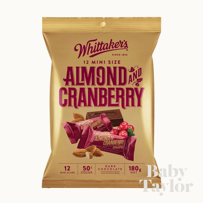 新西兰whittaker's惠特克 蔓越莓扁桃仁黑巧克力180g 经典分享装