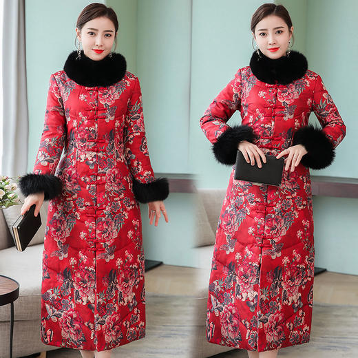 SZM-A50-1818羽绒服女2018新款中长款中国风复古香云纱白鸭绒狐狸毛领外 商品图0