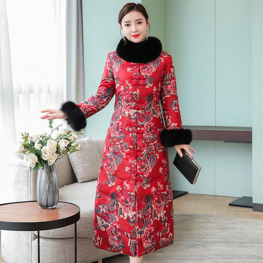 SZM-A50-1818羽绒服女2018新款中长款中国风复古香云纱白鸭绒狐狸毛领外 商品图1