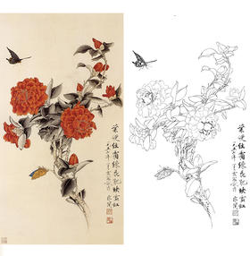 于非闇竖幅工笔花鸟白描底稿-山茶花蝴蝶-YF37