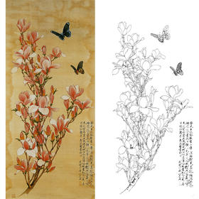 于非闇竖幅工笔花鸟白描底稿-红玉兰花《辛夷蝴蝶》-多种白描尺寸可选-YF41