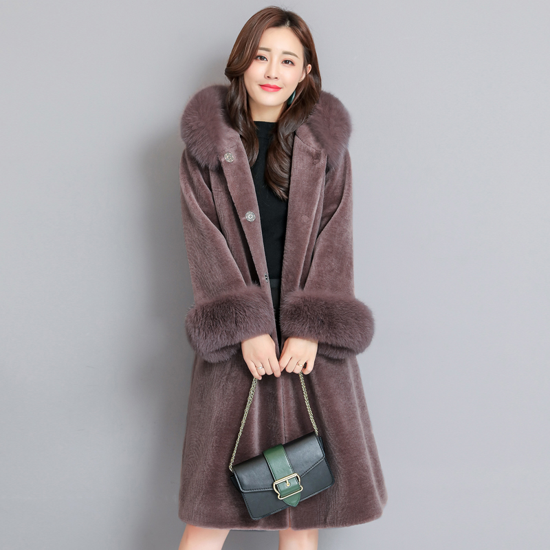 思曼莉 2019冬新款仿羊剪绒大衣女中长款连帽外套