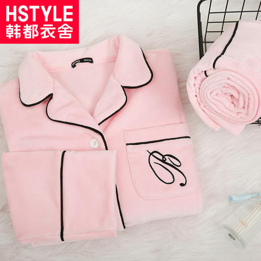 韩都衣舍2018冬季新款睡衣粉色可外穿珊瑚绒家居服套装女KR8026槿 商品图3