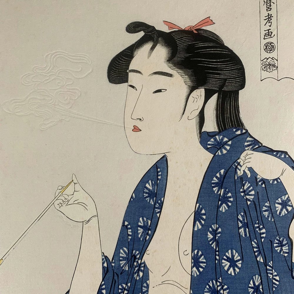 喜多川歌麿《妇人相学十体》之《吸烟的女子》珍贵手工木刻浮世绘版画