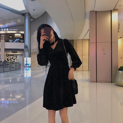 【连衣裙】小众连衣裙娃娃裙赫本风少女小黑裙金丝绒连衣裙子 商品图2