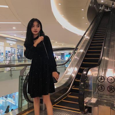 【连衣裙】小众连衣裙娃娃裙赫本风少女小黑裙金丝绒连衣裙子 商品图1