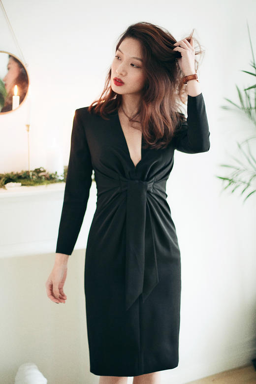 AtelierMissLu / Queena 光泽黑腰间褶皱小礼服 商品图0