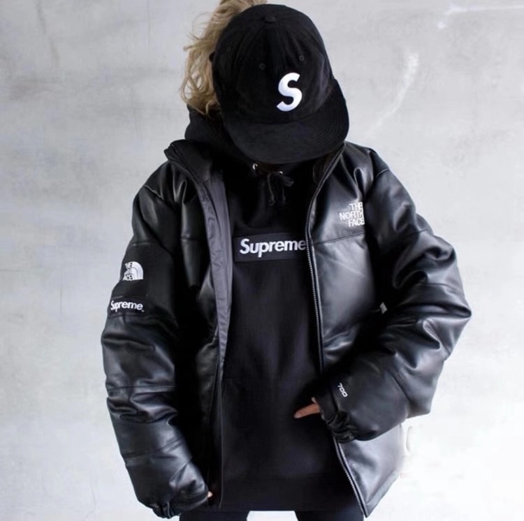 supreme北面联名立领皮款夹克羽绒服 情侣款